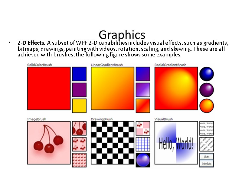 Graphics 2-D Effects. A subset of WPF 2-D capabilities includes visual effects, such as